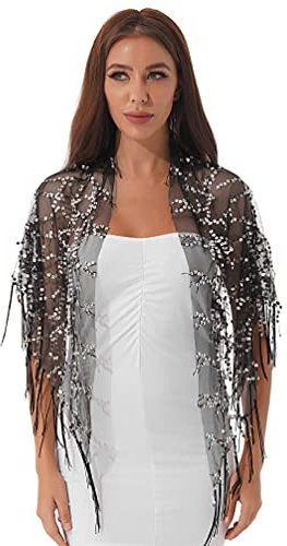 winying Damen Pailletten Schal Stola Halstuch aus Tüll Unregelmäßig Schultertuch Abdeckung Tuch Hochzeit Party Outfits Schwarz&Silber Einheitsgröße