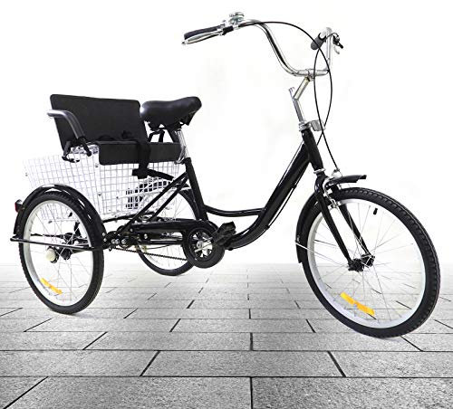 20 Zoll Single Schwarz Speed Dreirad Für Erwachsene, 3 Räder Fahrrad Mit Faltbar Kindersitz + Einkauffahrrad, Bequem Und Praktisch, Intime Geschenk