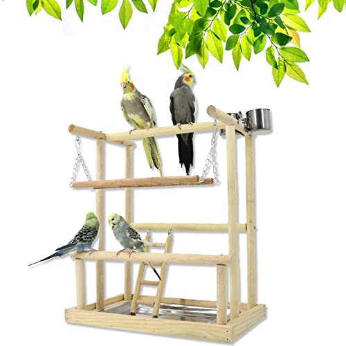 Joyeee Parrot Playstand Holzspielstudio, Edelstahl-Papageien-Futterschüssel, Vogelschaukel, Vogelleiter, Tablett, Vogelsitzstangen für Nymphensittiche zum Trainieren, 39,9 x 25,9 x 45,5 cm L
