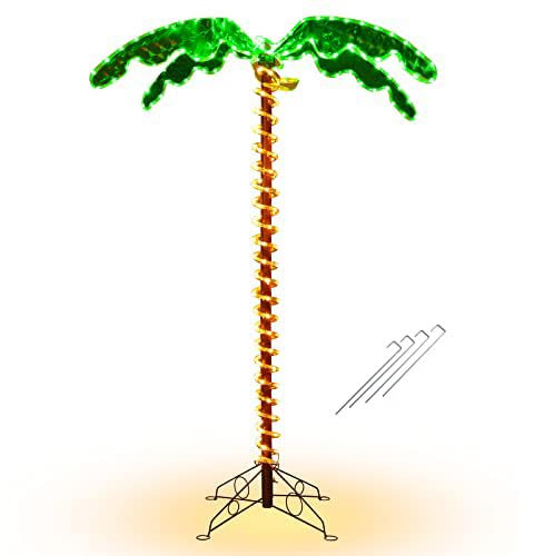 GOPLUS 154/218cm Künstliche Palme mit LED-Lichtern, gekreuzter Metallständer, Metallheringe, beleuchtete Kokospalme im Hawaii-Stil, Dekoration für Partys, Pools, Gärten, Terrassen (118 x 80 x 136 cm)