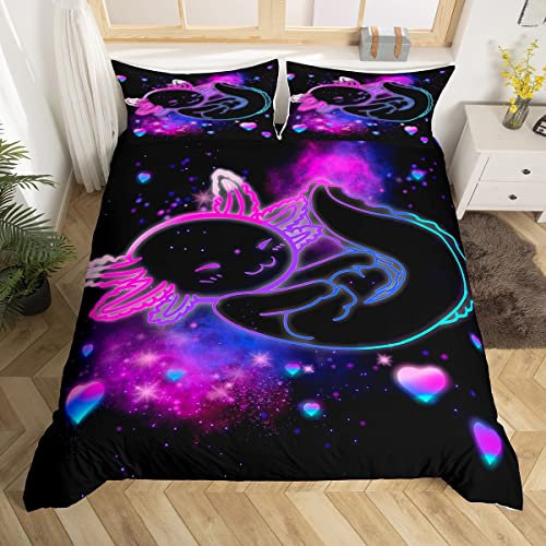 Kids Cute Axolotl Bedding Set Girls Glitter Cartoon Salamander Comforter Cover Boys Teen Purple Blue Galaxy Axolotl Duvet Cover Toddler Kawaii Reptile Animal Bedspread Cover Single Size 2Pcs