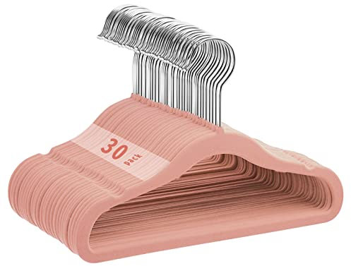 MangoKit 30 Stück Anti-Rutsch-Kinder-Kleiderbügel aus Samt, Ultra-schlanke, platzsparende Baby-Kleiderbügel aus Samt, 360 Grad drehbare Haken, robuste und langlebige Baby-Kleiderbügel (28cm, Rosa)