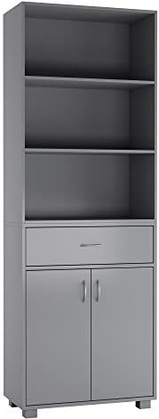 URBNLIVING 5 Tier Wooden Free Standing Tall Display Cabinet Bookcase Unit Wide Open Shelves Drawer Storage (Grey)