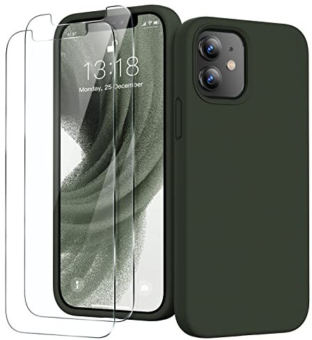 GOODVISH 3 in 1 Cover per iPhone 12 Mini Silicone 5,4, con 2 Pezzi di Pellicola Protettiva, Silicone Liquido Custodia per Cellulare con Morbida Microfibra Antiurto,Verde Bruno