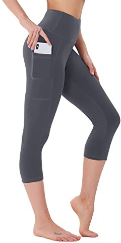 FOTOCITI Leggings Damen mit Tasche Capri Leggins High Waist Caprihose Sommer Blickdicht Sportleggins Sporthose Hose Gym Outdoor Yoga(Dunkelgrau,L-XL)