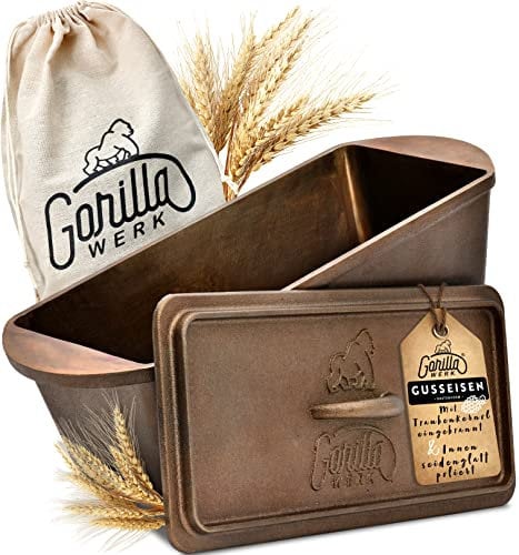 Gorilla Werk [TEST SEHR GUT, NOTE 1.2] Brotbackform mit Deckel Voreingebrannt, Brotkasten, Brot Backform Topf rechteckig zum Backen, Gusseisen Brotbacktopf in Kastenform, Brottopf, Back Zubehör