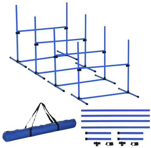 PawHut Agility pour Chiens kit Agility Chien Parcours Agility Chien Set de 4 Obstacles Professionnels Hauteur réglable avec système de Maintien au Sol 99L x 65l x 94H cm Sac Transport fourni Bleu