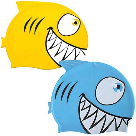 2 Piezas Gorro de Baño de Silicona Tiburón, Gorro de Baño de Silicona de Dibujos Animados, Gorras de Natación a Prueba de Fugas Set, Gorros de Baño para Niños y Niñas Fácil de Poner y Quitar