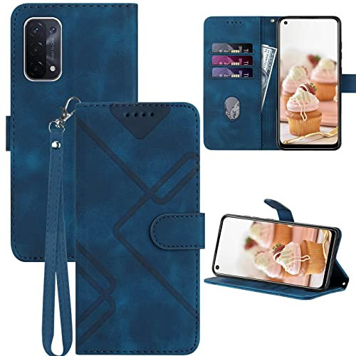 GOTOURED for OPPO A54/A74 5G Phone Case Wallet, Card Holder Leather, Wrist Strap, Magnetic Closure, Kickstand, Shockproof Protective Pattern Flip Cover (Blue)