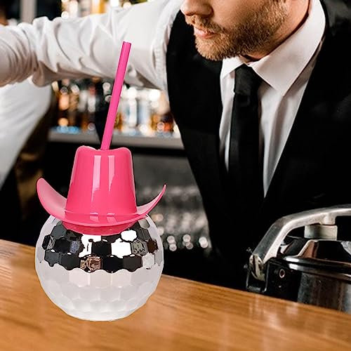 Disco Cup Ball, Tumbler Disco Flash Ball, Cocktail Cup Silver Spherical Disco Ball Cup with Cowboy Hat Lid and Straw Wine Glass Drinking Syrup Tea Bottle for Nightclub Bar Party Supplier Silver