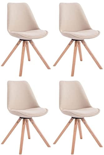 CLP 4er Set Stuhl Toulouse Stoff Square mit Stoffbezug und hochwertigem Sitzpolster I Lehnstuhl Mit Stabilem Holzgestell I Sitzhöhe 48 cm, Farbe:Creme, Gestell Farbe:Natura