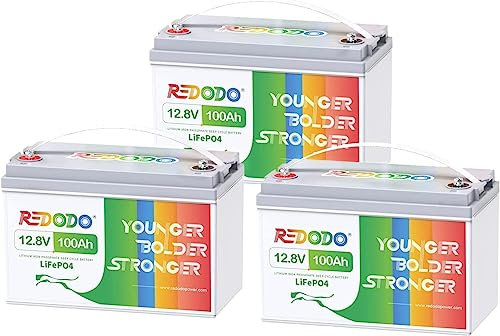 Redodo Batterie Lithium 12V 100Ah (3 Pack),Batterie LiFePO4 Rechargeable,BMS 100A Intégré,4000-15000 Cycles Profond, pour Caravanes, Bateaux, Camping-Cars, Maison Solaire, Hors-Réseau