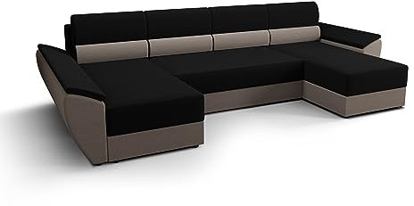 ALTDECOR Ecksofa mit Schlaffunktion und Bettkasten, Polstercouch in U-Form, rückenecht gepolstert, ideal als Gästebett - REB-U3-321x140x88cm Schwarz/Beige