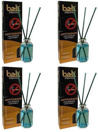 Pack de 4 Bali fragancias Ambientador Mikado ANTITABACO Difusor con varillas de ratán para tu salón, comedor o cualquier estancia de tu hogar, fragancias seleccionadas, Aromaterapia, Perfumado (30 ml)