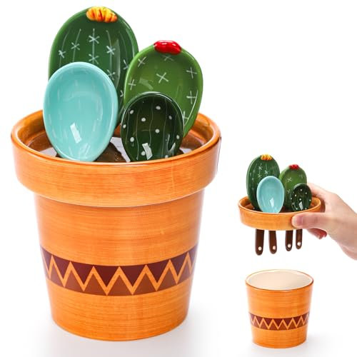 Coloch 4 cucchiai dosatori e tazze in ceramica, a forma di cactus, cucchiai dosatori in vaso, set di cucchiai dosatori decorativi per cottura, latte, zucchero, sale, 1/4 cucchiaino, 1/2 cucchiaino, 1