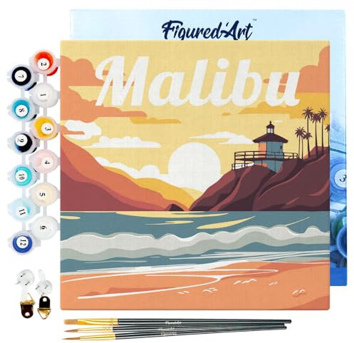 Figured'Art Mini Peinture par Numéro Adulte 20x20cm avec cadre Plage de Malibu - Petit Format Kit de Loisir Créatif DIY Numéro d'Art Complet