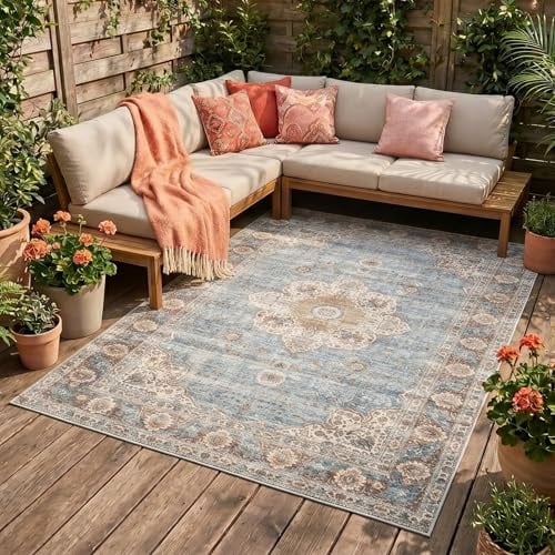In- & Outdoor Vintage Teppich - Kairo Medaillon Hellblau Creme - 160x230 cm