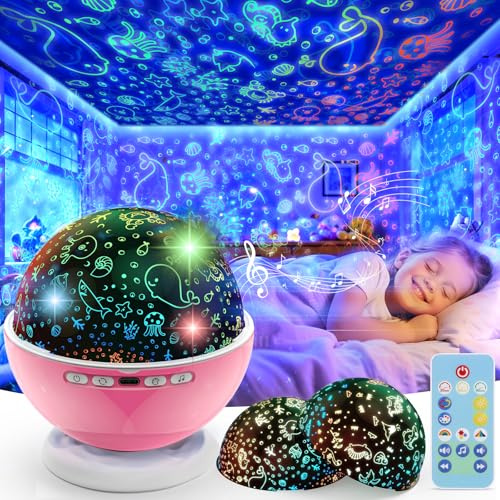 Night Light Projector,Night Light for Kids Room with Remote and Timer,360° Rotation,3 Projection Films,18 Light Modes,8 Lullaby Songs,Kids Night Lamp, Christmas Birthday Gifts for Boys Girls (Pink)
