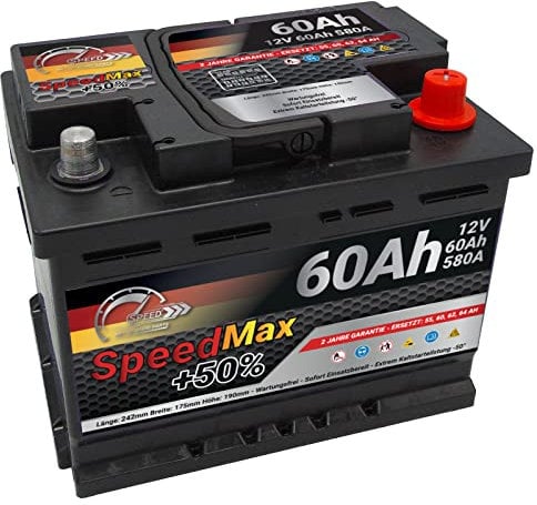 SMC Autobatterie Speed Max 60Ah 12V 580A Starterbatterie für Autos mit hohem Energiebedarf ersetzt 55 61 62 64 65 ah überlegene Leistung Pluspole Recht Wartungsfrei