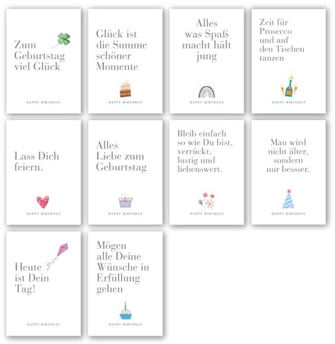 Meridian Design Geburtstagskarten, Happy Birthday Klappkarten im 10er Set mit Briefumschlag, Grusskarte zum Geburtstag, 10 Glückwunschkarten in Premium Qualität, kreative Geschenkkarten
