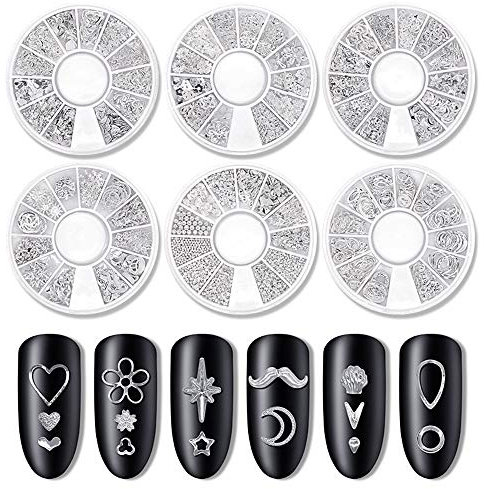 Nail Art Decoration, 2 Boxes Metal 3D Ocean Nail Studs Star Starfish Shell 12 Grid Mixed Sizes Nail Art Decor (Silver)