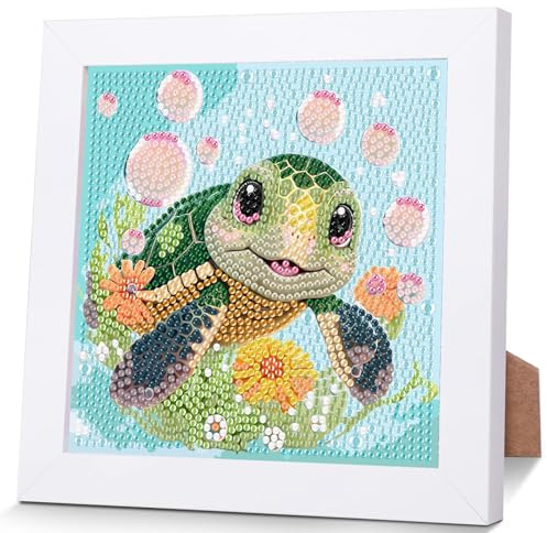 Schildkröten Diamond Painting Kinder Mit Holzrahmen, Diamant Painting | Tiere 5D Diamond Painting Mädchen Kinder, DIY Mosaikherstellung Arts Craft für Home Wand Decor 18x18cm
