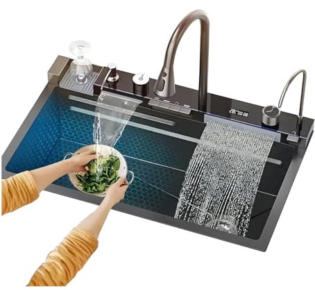 ANW Home Évier de cuisine LED 75x45 cm avec robinet cascade, acier inoxydable, laveur haute pression, planche à découper et égouttoir – Set complet