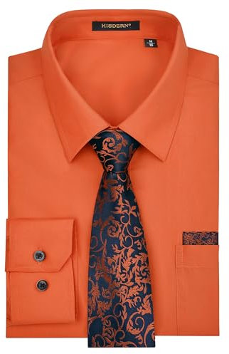HISDERN Men's Orange Shirts Long Sleeve Smart Formal Plain Dress Shirt and Tie Set Business Casual Wedding Regular Fit 3XL