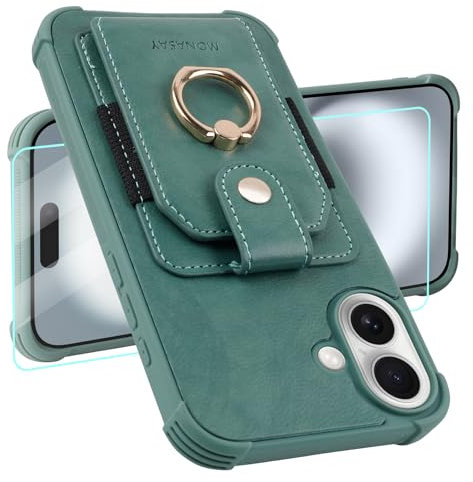 MONASAY for iPhone 16 5G 6.1 inch Wallet Case with 360° Rotation Ring Stand[Glass Screen Protector][RFID Blocking] Leather Phone Cover with Card Holder for Women and Men, Light green