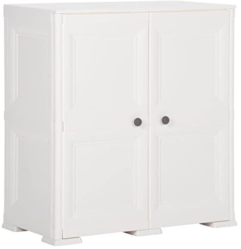 JUDYY Kunststoffschrank 79x43x85,5 cm Holzdesign Weiß, Lagerschrank, Kunstoffschränke, Putzmittelschrank, Beistellschrank, Geräteschrank, Mehrzweckschrank