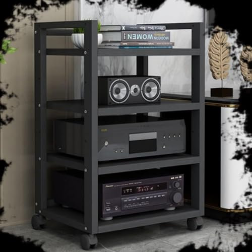 ZIUSFAC Schwarzer DVD-Player Ständer Stereo Komponenten-Rack Regal AV-Medienständer Mit 4 Verstellbaren Regalen Plattenspieler-Ständer Video-Rack Audio Schrank(Black,60x40x79cm)
