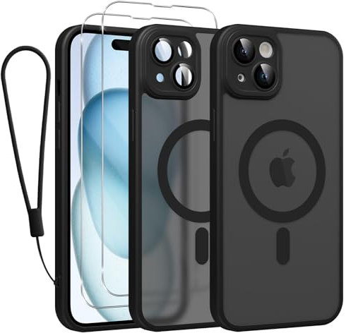 Phoona Magnétique Coque pour iPhone 15 Con Cordon, [Compatible avec MagSafe], Etui Translucide Mat Arrière Housse Fine Antichoc Case avec 2 Pièces Verre Trempé Étui, Noir