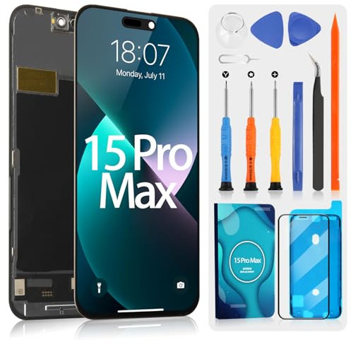 Incell für iPhone 15 Pro Max LCD Display für iPhone 15Pro Max A2849 A3105 A3108 A3106 LCD Bildschirm Touchscreen Digitizer Assembly mit Reparatur Set (Schwarz, 6.7 Zoll)