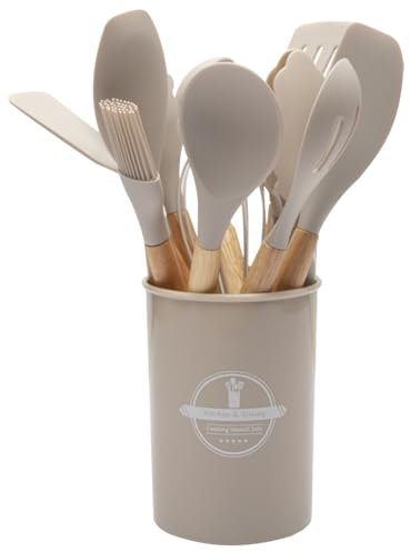 JUCHRZEY 12-teiliges Küchenutensilien-Set, Silikon-Spatel-Set, Holzgriff, hitzebeständiges Kochgeschirr mit Halter, antihaftbeschichtetes Spatel-Set, Spatel, Löffel, Bürste, Schneebesen, Küc