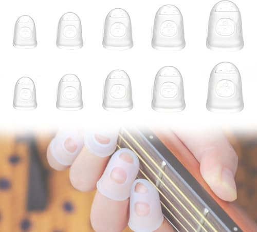 BIRLOZA mit rutschfestem und atmungsaktivem Premium Silikon Fingerschutz rutschfeste Gitarren Fingerstütze für Gitarre Ukulele 5 Größen transparent 10 Pcs