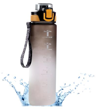 Renko Wasser Flasche Trinkflasche 1l spülmaschinenfest BPA-Frei, Sportflasche mit Zeitmarkierung für Fitness Wasserflasche mit Verschlussdeckel und auslaufsicher (Schwarz)