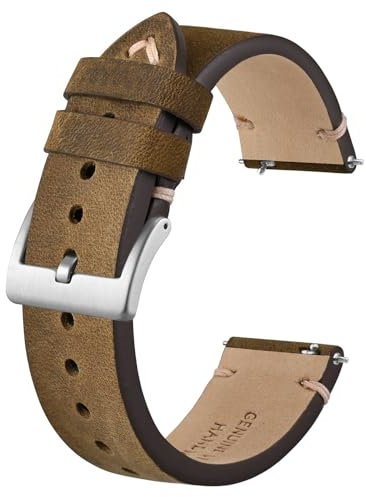 BISONSTRAP Distressed Leder Uhrenarmband, Uhren Armband für Herren, Schnellverschluss Federstege, 20mm, Dunkelbraun (Silberne Schnalle)