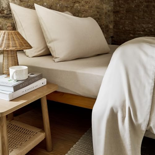 Christy Flannel Marl Double Fitted Sheet | 100% Brushed Cotton | Tranquil Muted Palette Quilt Cover Set | Timeless Bedding | Cosy Relaxed Bed Linen | Oat Beige
