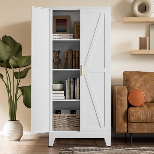 COFaR White Farmhouse Storage Kitchen Pantry Cabinet with 2 Barn Door, 3 Adjustable Shelves and Legs, for Cupboard/Dining Room/Bathroom/Living Room/Office/Laundry Room (White, 61 Farmhouse)
