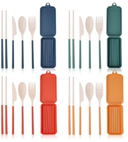DIYJEP 4 Set di Posate da Viaggio Pieghevoli Con Custodia, Posate da Campeggio in Plastica Riutilizzabili con Coltelli Forchette Cucchiai e Bacchette per Adulti e Bambini in Viaggio Ufficio Scuola