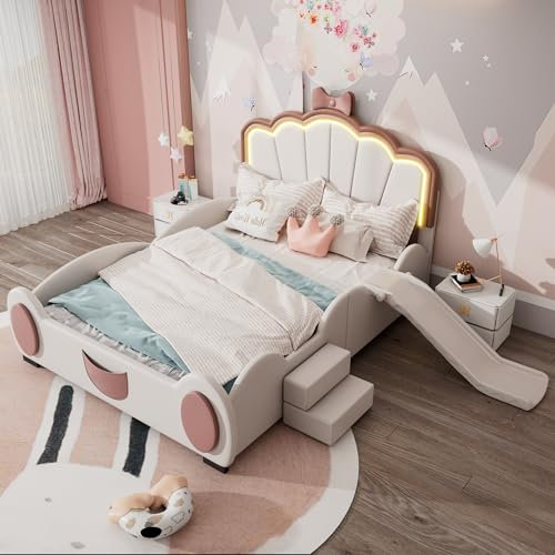 Arhatreya Letto imbottito 140 x 200 cm, letto per bambini con LED, letto matrimoniale con scivolo e scala, struttura del letto con rete a doghe, letto per bambini e ragazzi (senza materasso) rosa +