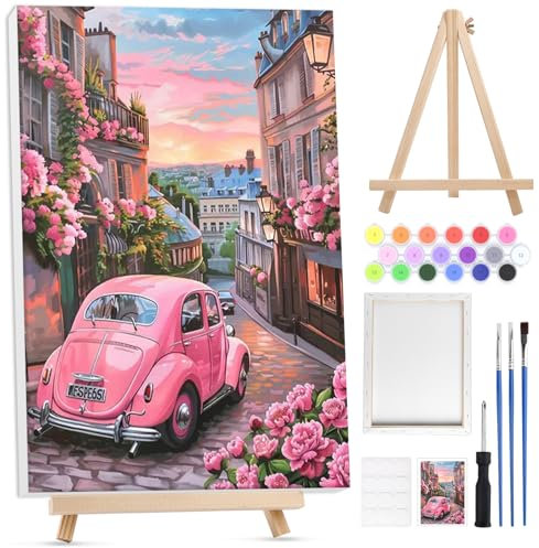 Lxmsja Paysage Peinture Numero Enfant Adulte avec Cadre, avec Chevalet en Bois, Voiture Peinture par Numero Adulte, Numéro d'art avec Pinceaux, Loisirs Créatifs Activité Manuelle Adultes, 20x30cm