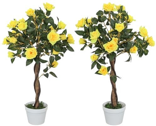 Outsunny Set of 2 90cm/3FT Artificial Rose Tree, Fake Decorative Plant with Pot, Indoor Faux Decoration Home Office Decor, Yellow