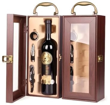 ZiaWorld Wine Bottle Gift Box, Luxury Display Box for Storage Presentation of Wine, Champagne or Whisky with Tools Cork Screw, Pourer, Napkin/Drip Ring, (Wine NOT Included) (1 Bottle Gift Box)