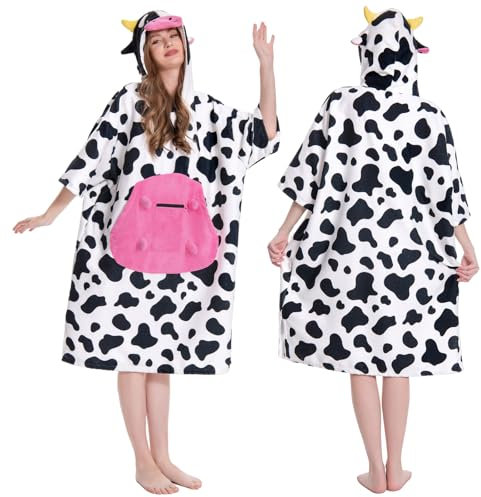 OLAOLA Mikrofaser Badeponcho, Handtuch Poncho für Erwachsene, Surf Poncho mit Kapuze und Tasche, Weiche Schnelltrocknende Handtuch als Umziehhilfe Strand Damen und Herren (Kuh)