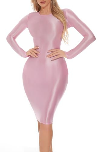 Maeau - Robe Femme à Manches Longues Robe Clubbing Crayon Brillance Huilée Bodycon Sexy Mini Robe Slim au Genou Robe Clubwear Fête - Rose - XL