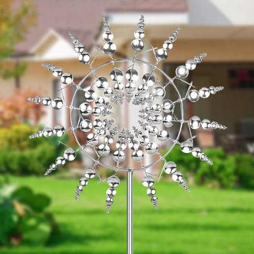 Einzigartige und Magische Metall Windmühle, Windspiel Magische Windmühle, 3D Metall-Windmühle, Wind Spinner Garten, Windspiel Garten für Terrasse, Rasen, Innenhof Landschaft Dekoration (Silber)