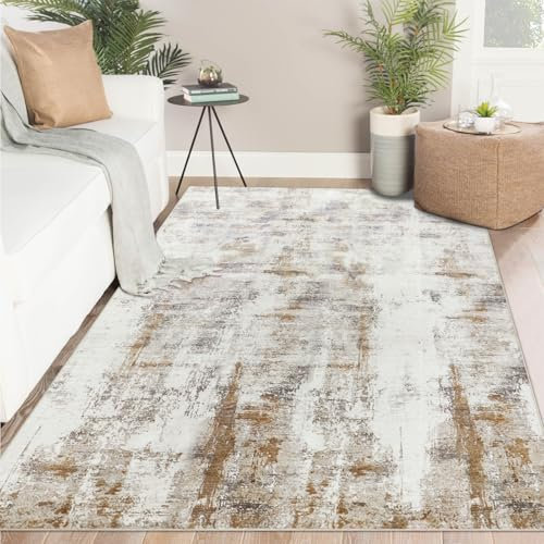 Famibay Teppich Wohnzimmer 140x200cm Waschbar Teppich Schlafzimmer Kurzflor Beige Braun Wohnzimmerteppich Modern Abstrakt für Wohnzimmer Schlafzimmer Esszimmer