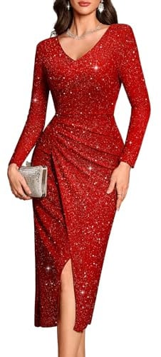 Bbonlinedress Glitzer Kleid Damen elegant Maxilang Langarm Winterkleider Festliche Kleider mit Pailletten Party Cocktailkleid