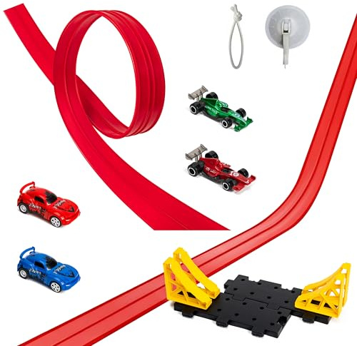 GROBRO7 Flexible Autorennbahn Kinder Spielzeugauto, 5M Dual Rennstrecke Rampen mit 4 Race Car, Rolls Up Rennbahn Mounts on Türen Wänden, STEM-Lernspielzeug für Jungen Mädchen Geburtstagsgeschenk, Rot